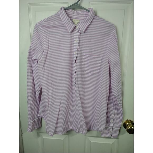 J Crew Woman L Shirt Collared 1/2 Button Long Sleeve Purple White Striped... - Picture 1 of 9